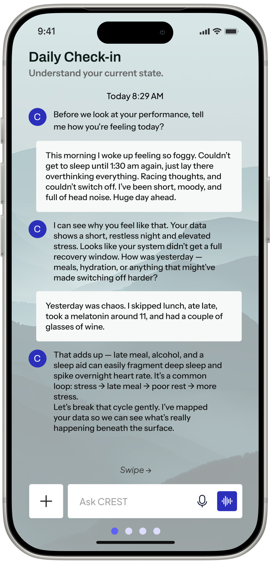 Prototype daily check-in conversation between a member and CREST.